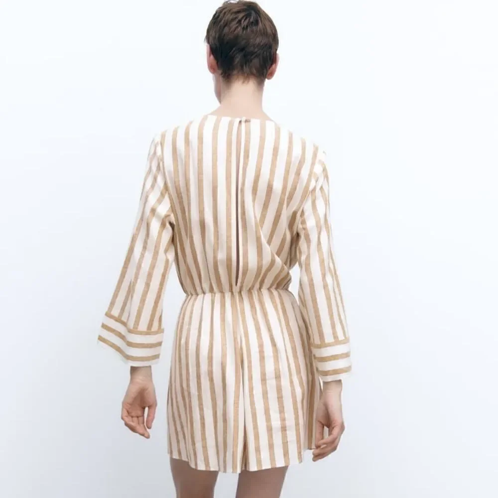 Zara Linen Blend Jumpsuit Striped New